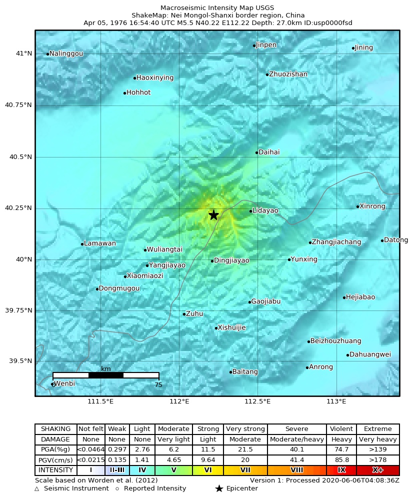 USGS ShakeMap: estimated shaking intensity around the epicenter