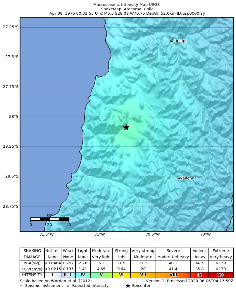 USGS ShakeMap: estimated shaking intensity around the epicenter