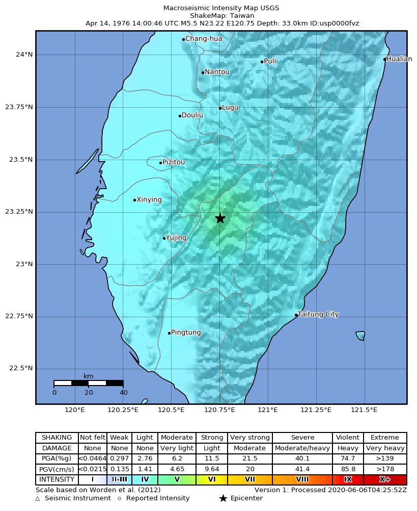 USGS ShakeMap: estimated shaking intensity around the epicenter