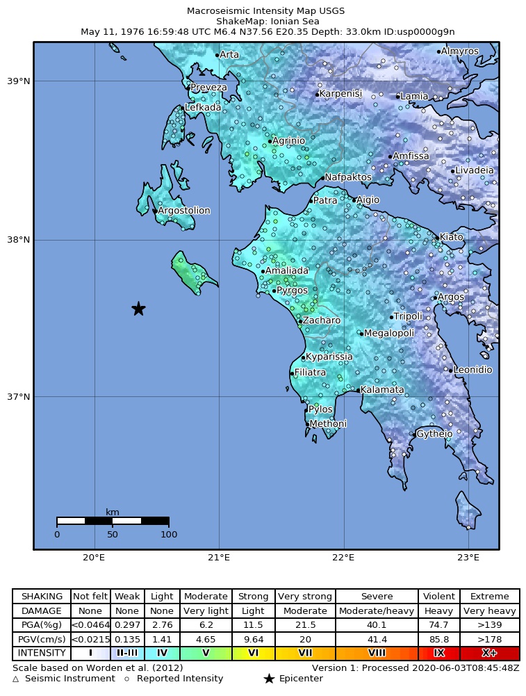 USGS ShakeMap: estimated shaking intensity around the epicenter