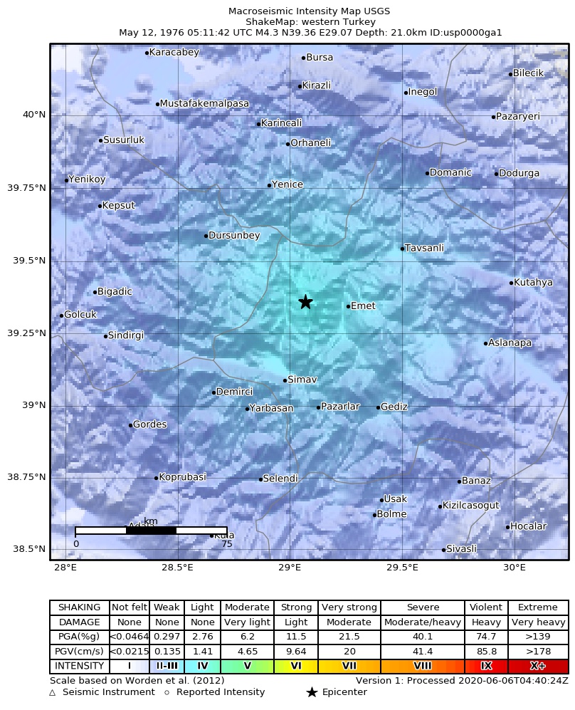 USGS ShakeMap: estimated shaking intensity around the epicenter