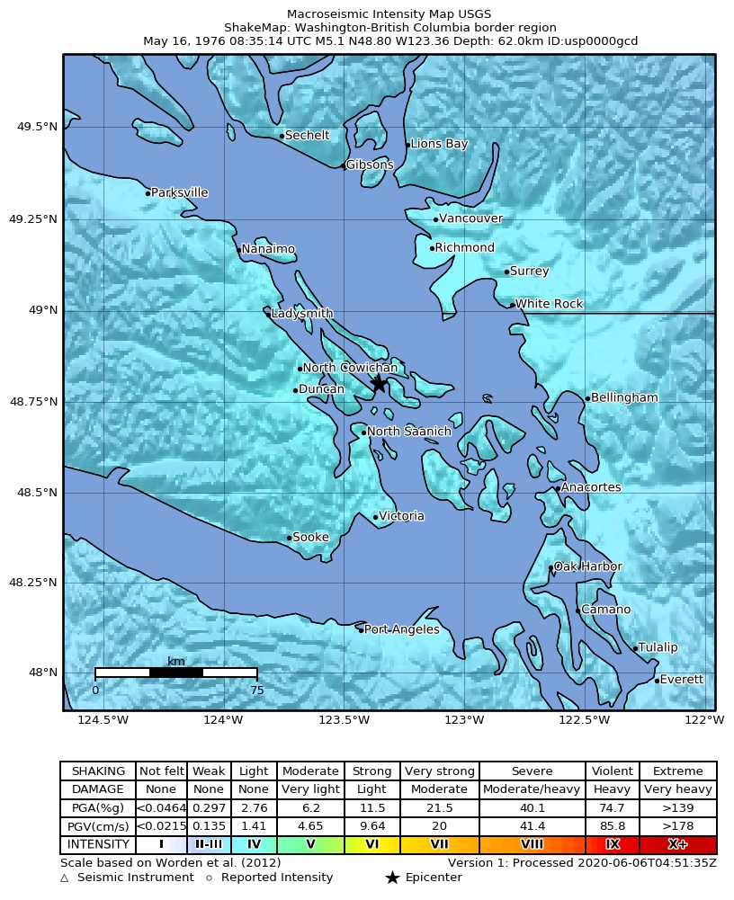 USGS ShakeMap: estimated shaking intensity around the epicenter