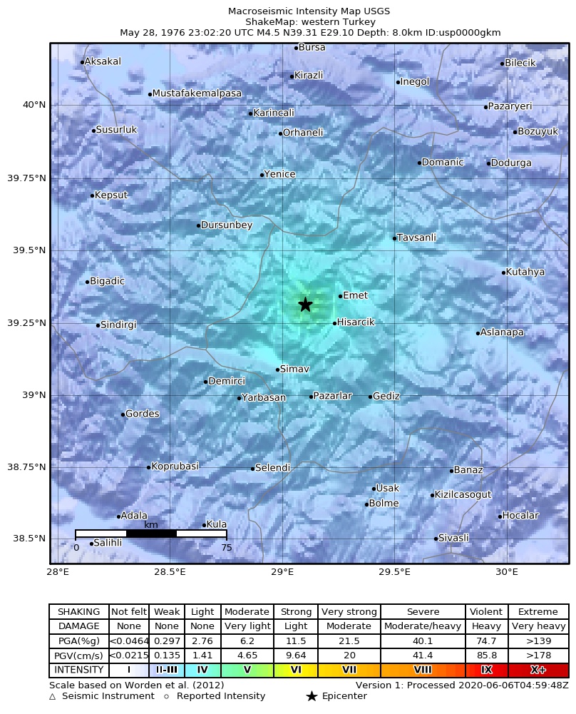 USGS ShakeMap: estimated shaking intensity around the epicenter