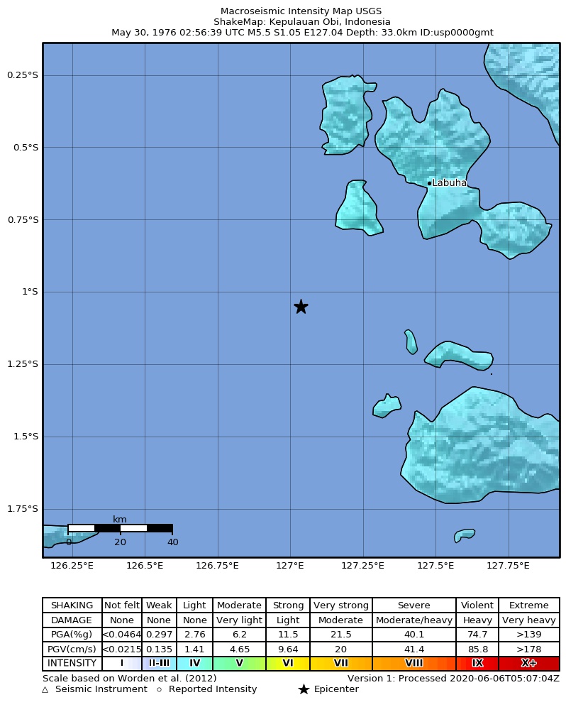 USGS ShakeMap: estimated shaking intensity around the epicenter