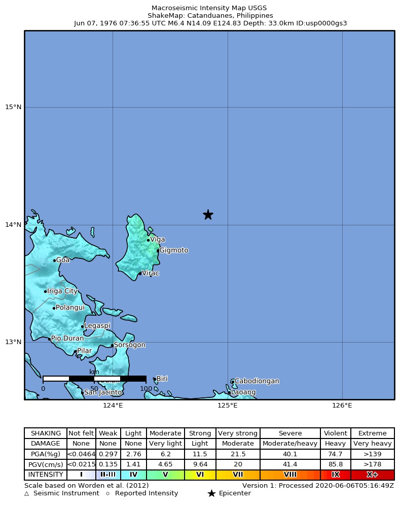 USGS ShakeMap: estimated shaking intensity around the epicenter