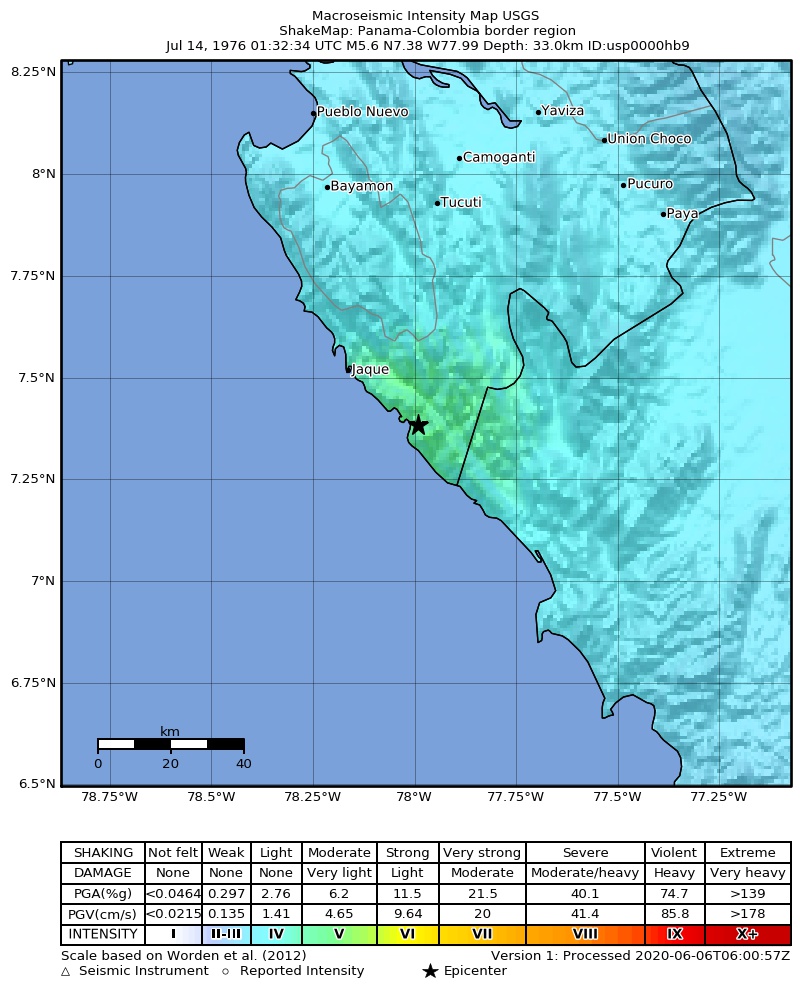 USGS ShakeMap: estimated shaking intensity around the epicenter
