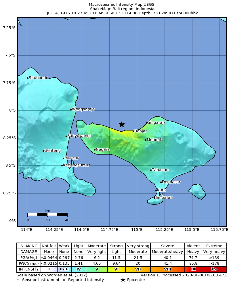 USGS ShakeMap: estimated shaking intensity around the epicenter