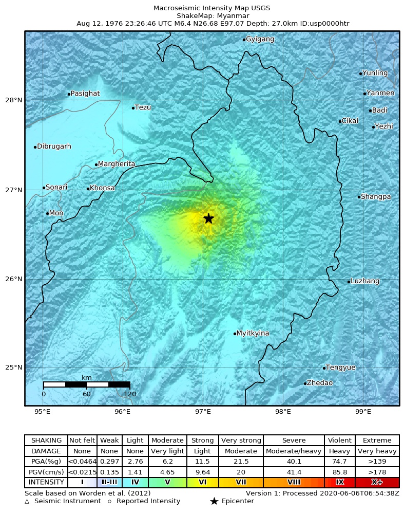 USGS ShakeMap: estimated shaking intensity around the epicenter