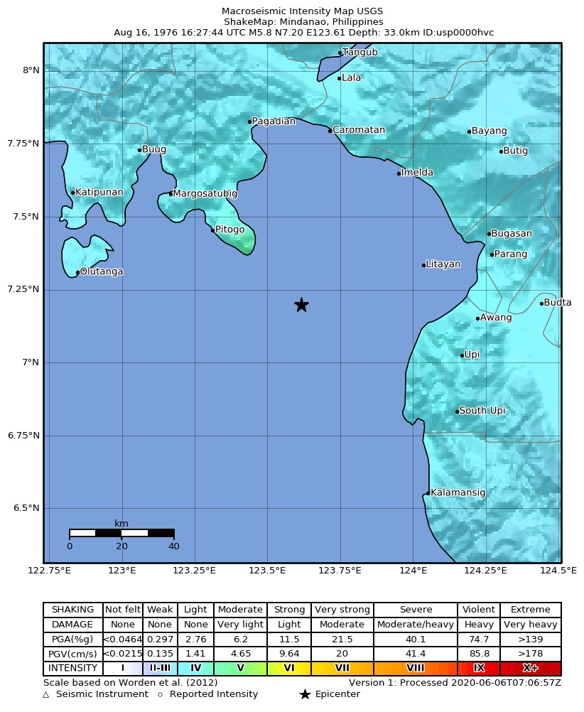 USGS ShakeMap: estimated shaking intensity around the epicenter