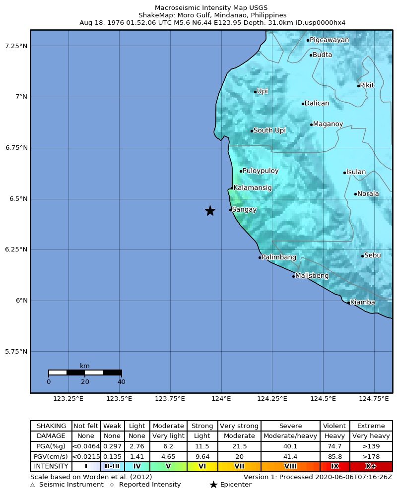 USGS ShakeMap: estimated shaking intensity around the epicenter