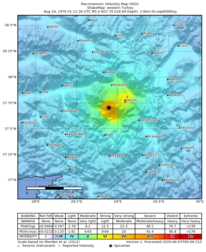 USGS ShakeMap: estimated shaking intensity around the epicenter