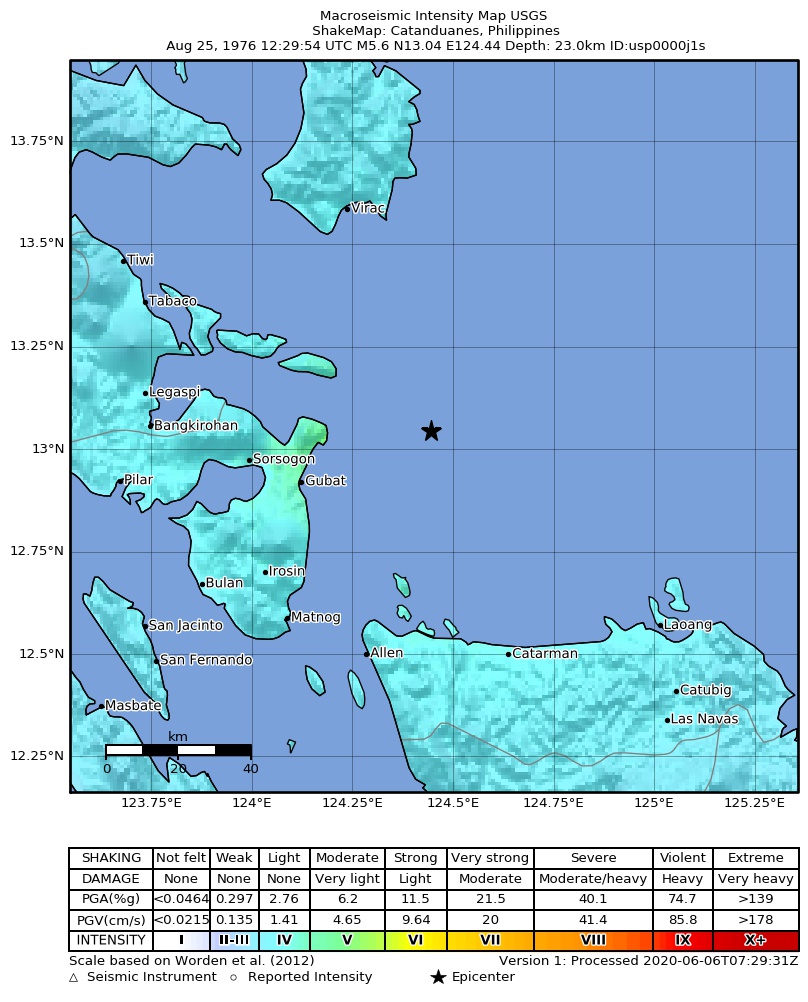 USGS ShakeMap: estimated shaking intensity around the epicenter