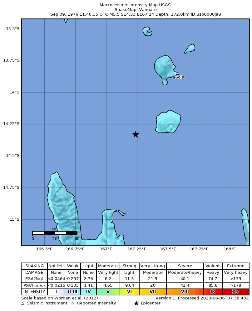 USGS ShakeMap: estimated shaking intensity around the epicenter