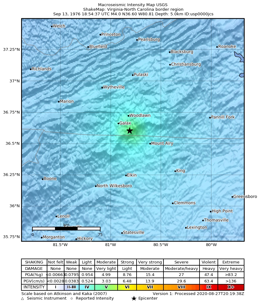 USGS ShakeMap: estimated shaking intensity around the epicenter