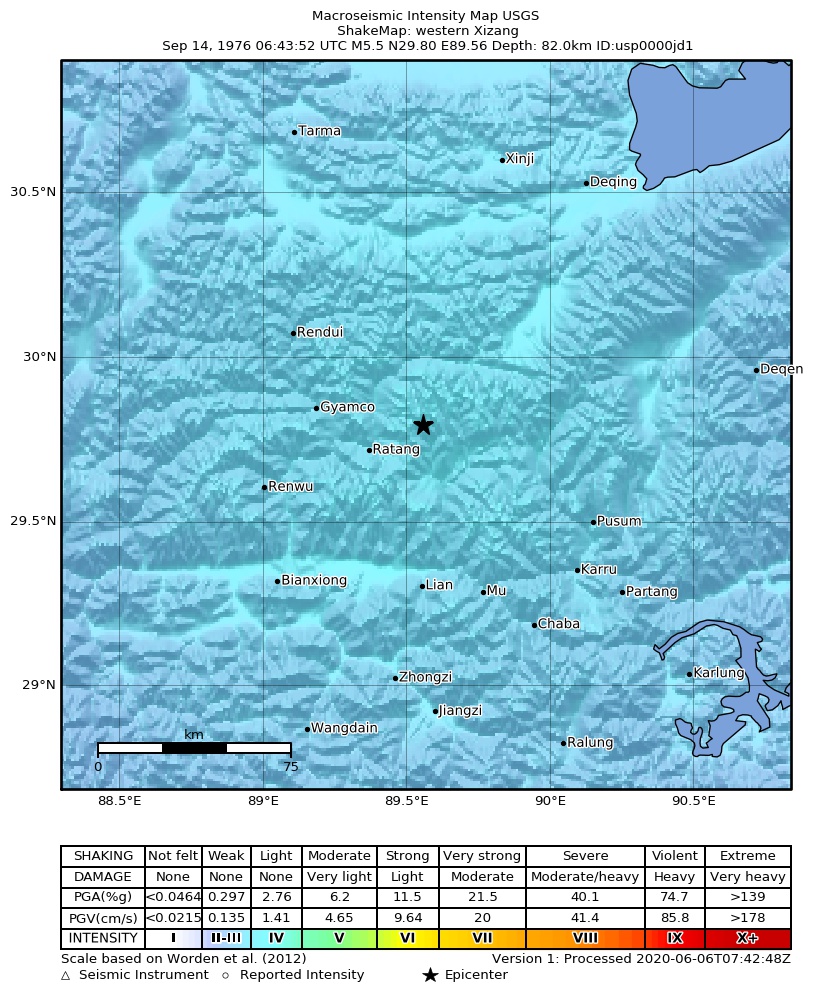 USGS ShakeMap: estimated shaking intensity around the epicenter