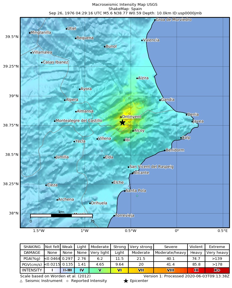 USGS ShakeMap: estimated shaking intensity around the epicenter