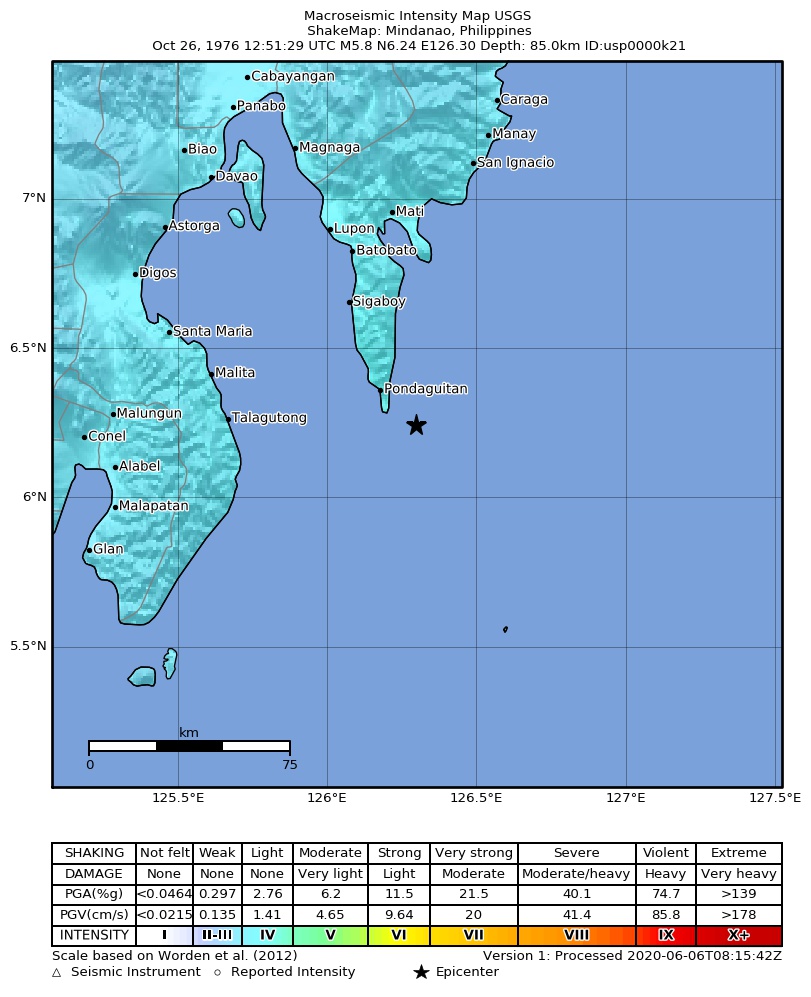 USGS ShakeMap: estimated shaking intensity around the epicenter
