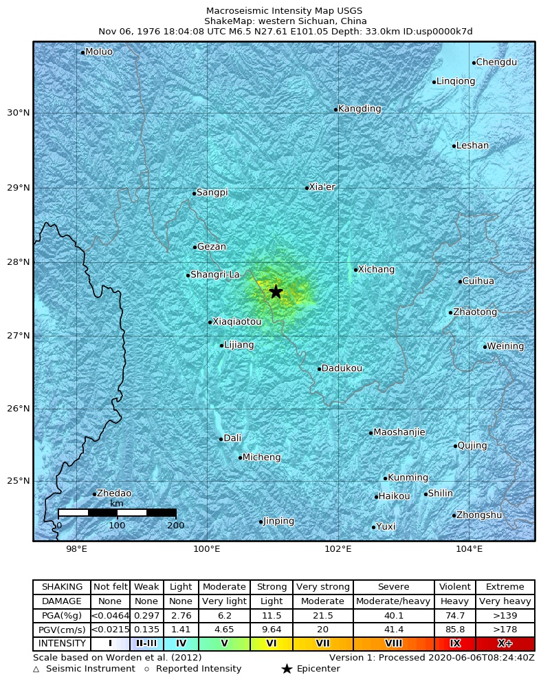 USGS ShakeMap: estimated shaking intensity around the epicenter