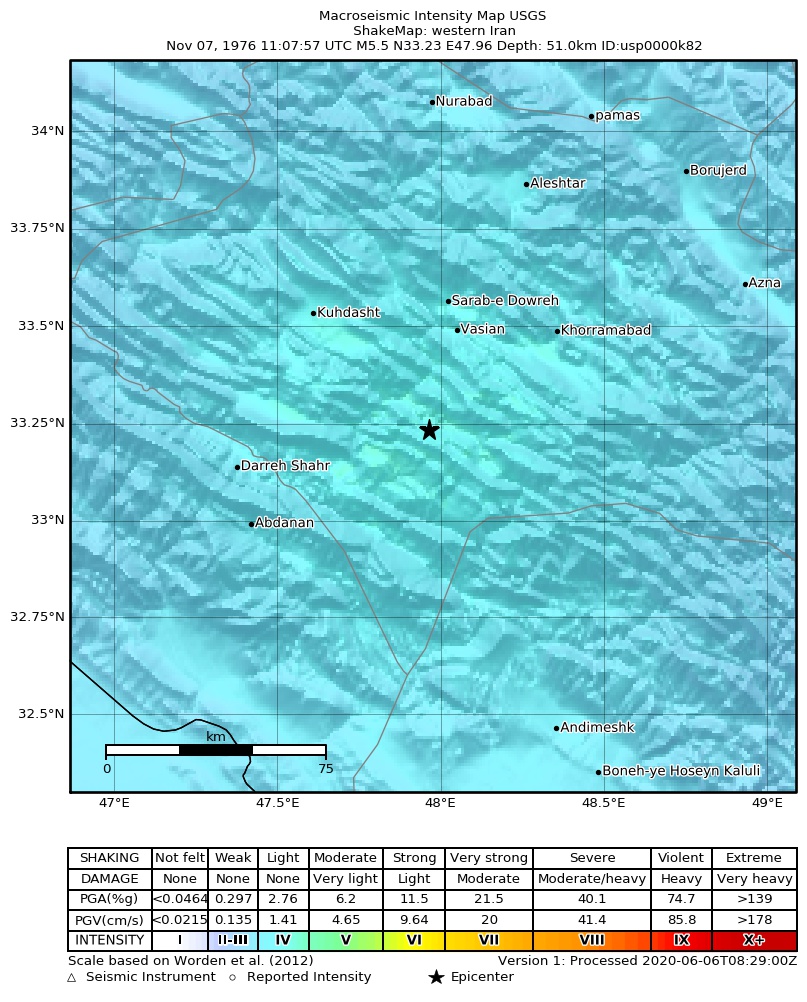 USGS ShakeMap: estimated shaking intensity around the epicenter