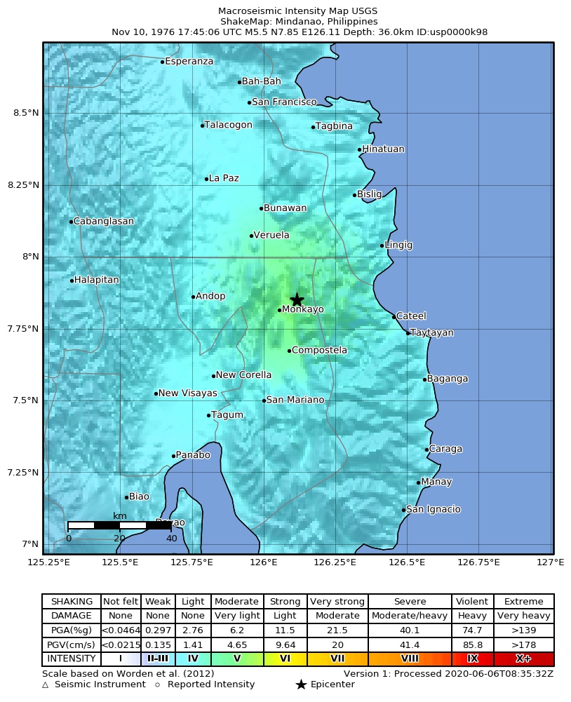 USGS ShakeMap: estimated shaking intensity around the epicenter