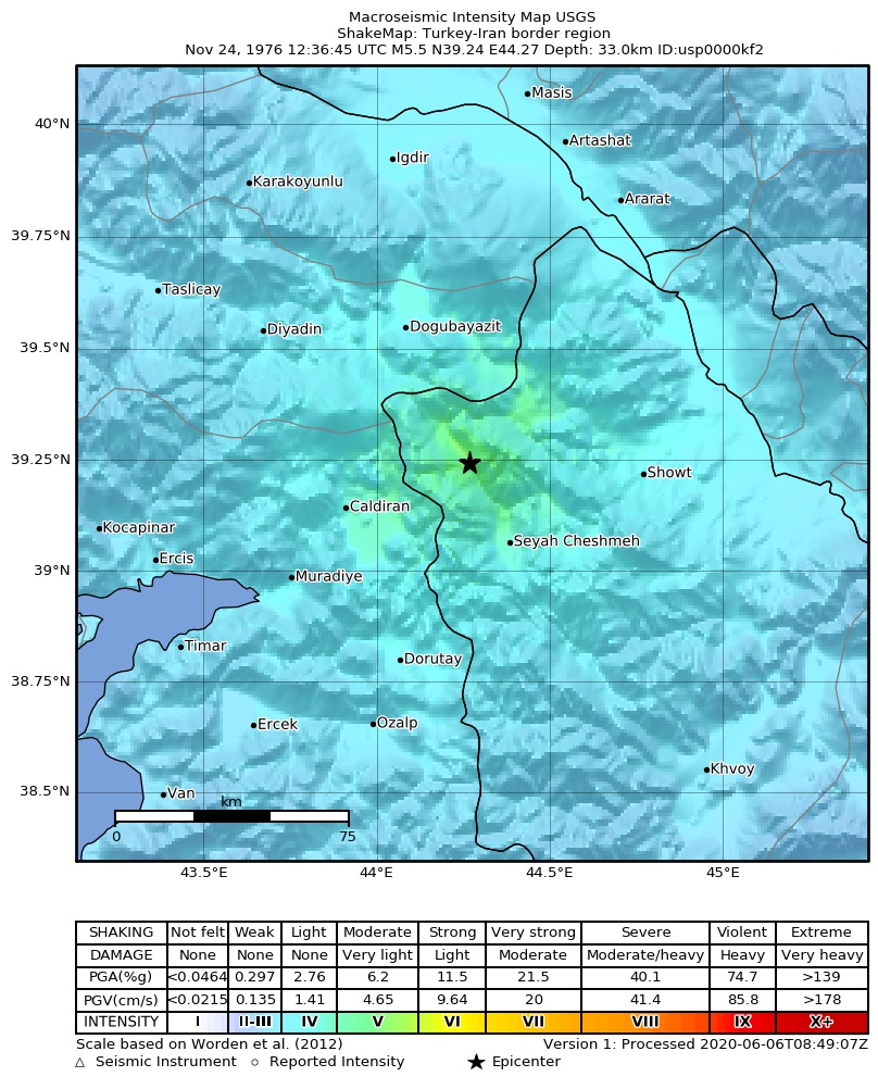 USGS ShakeMap: estimated shaking intensity around the epicenter