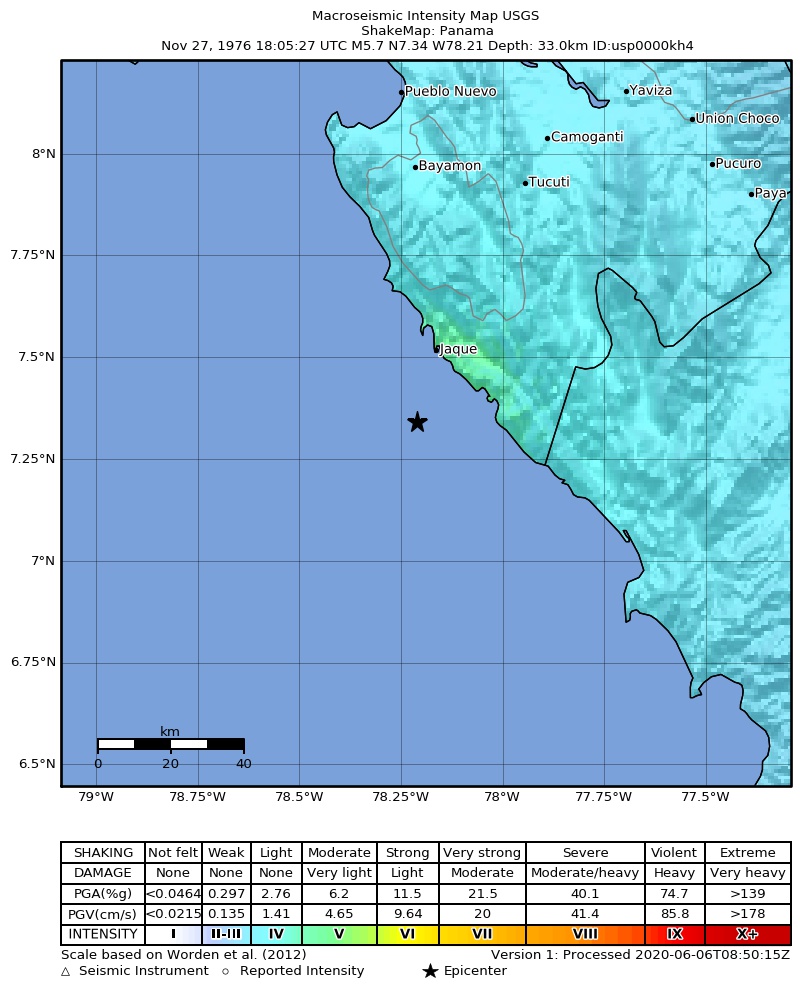 USGS ShakeMap: estimated shaking intensity around the epicenter