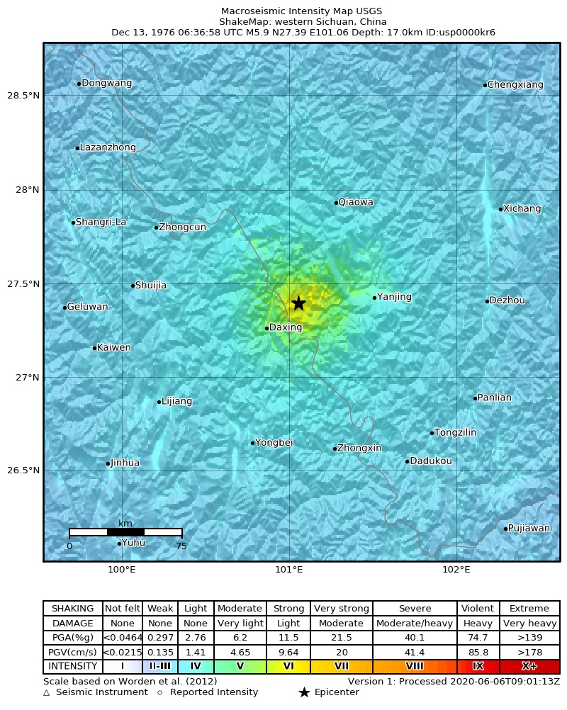 USGS ShakeMap: estimated shaking intensity around the epicenter