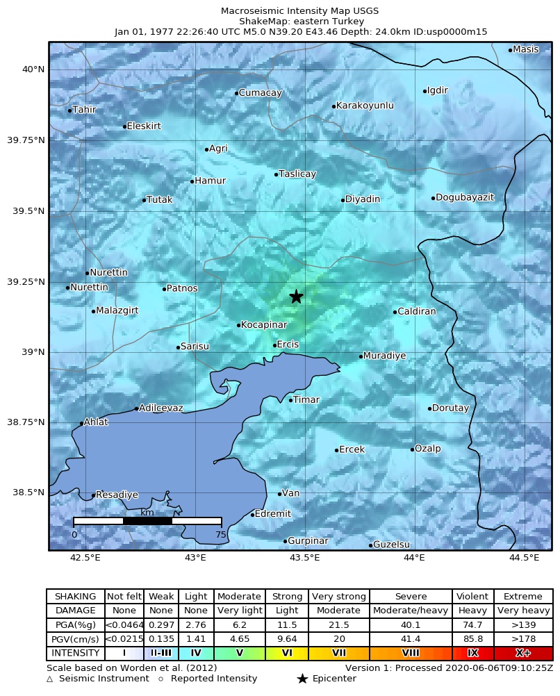 USGS ShakeMap: estimated shaking intensity around the epicenter