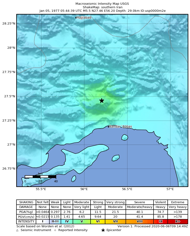USGS ShakeMap: estimated shaking intensity around the epicenter