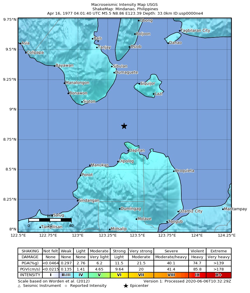 USGS ShakeMap: estimated shaking intensity around the epicenter