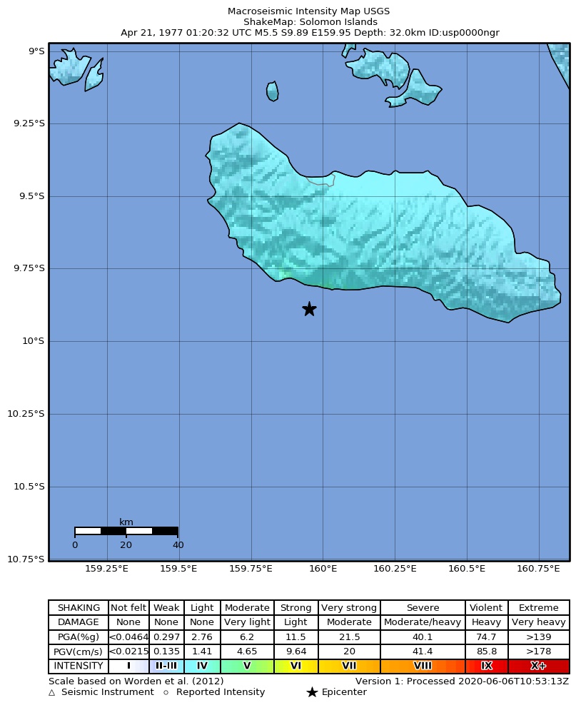 USGS ShakeMap: estimated shaking intensity around the epicenter
