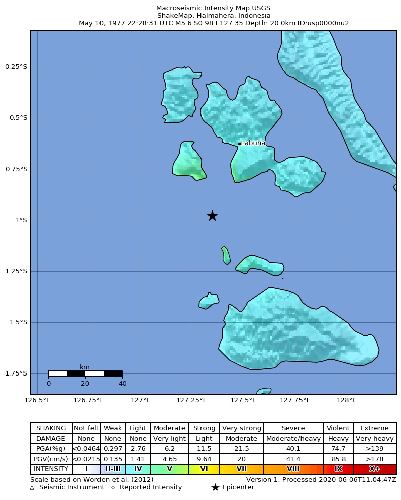 USGS ShakeMap: estimated shaking intensity around the epicenter