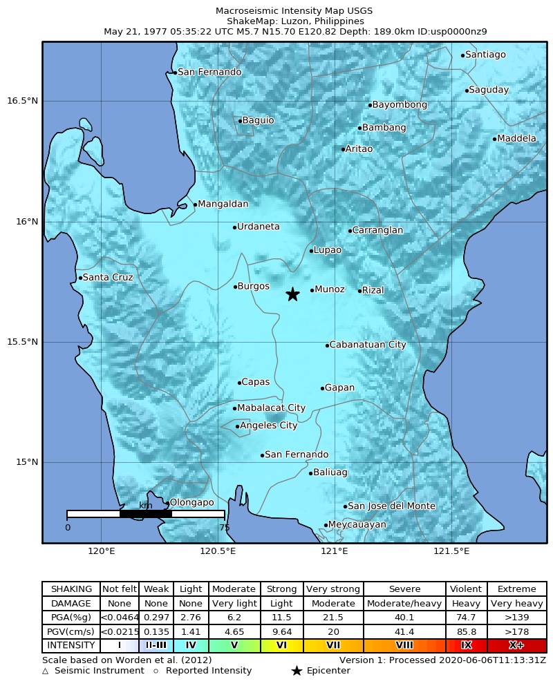 USGS ShakeMap: estimated shaking intensity around the epicenter