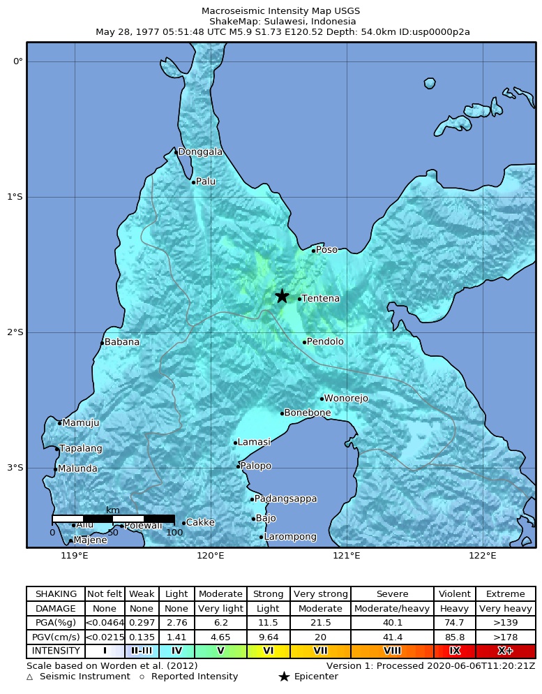 USGS ShakeMap: estimated shaking intensity around the epicenter