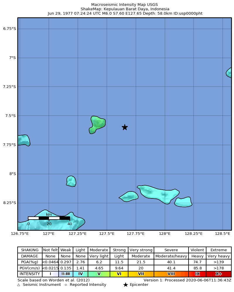USGS ShakeMap: estimated shaking intensity around the epicenter
