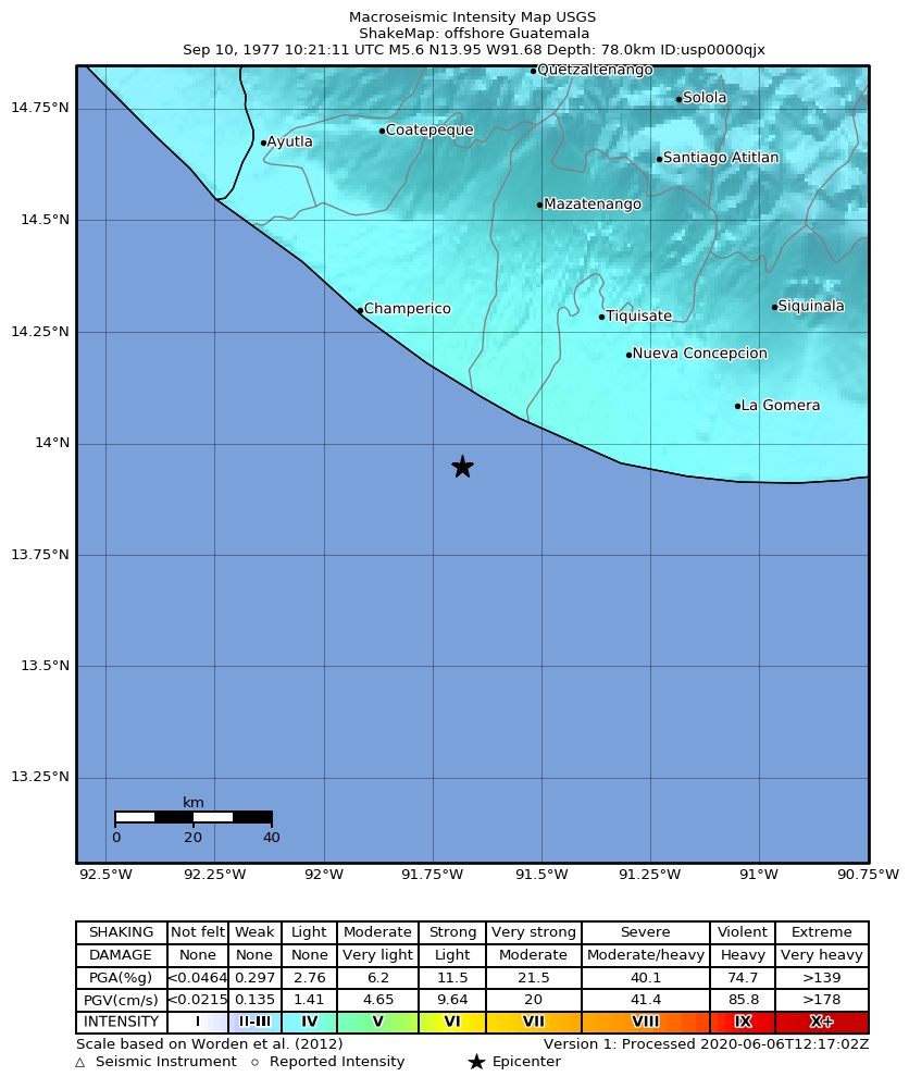 USGS ShakeMap: estimated shaking intensity around the epicenter