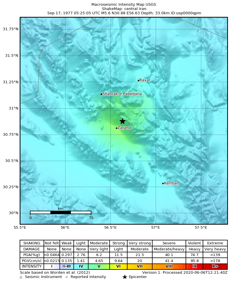 USGS ShakeMap: estimated shaking intensity around the epicenter