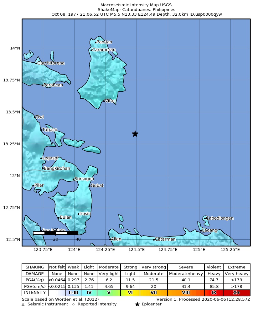 USGS ShakeMap: estimated shaking intensity around the epicenter