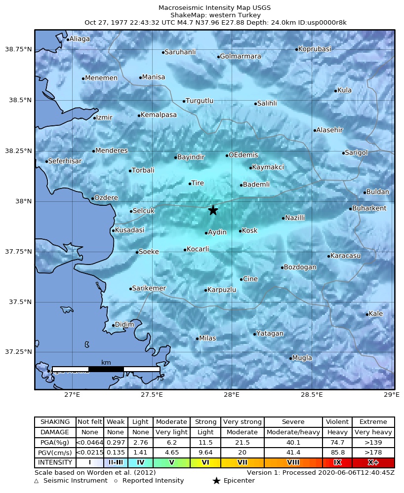 USGS ShakeMap: estimated shaking intensity around the epicenter