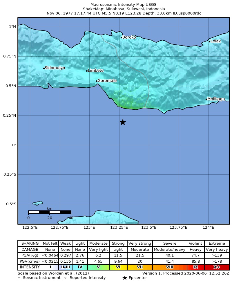 USGS ShakeMap: estimated shaking intensity around the epicenter