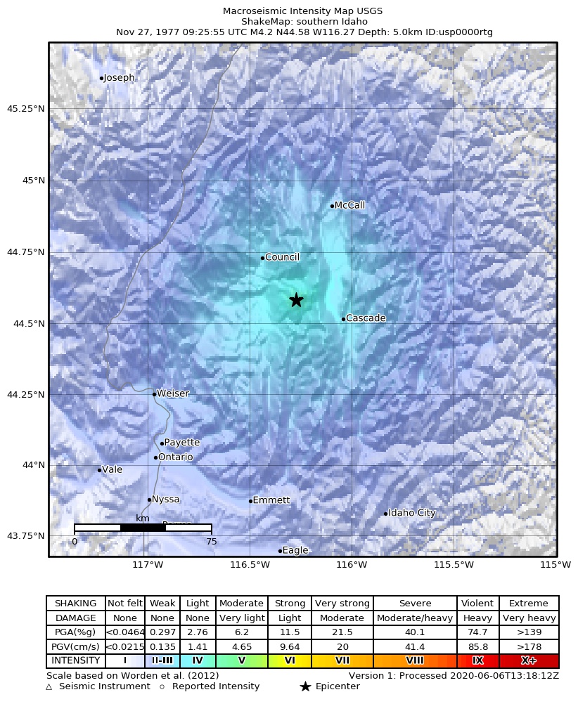 USGS ShakeMap: estimated shaking intensity around the epicenter