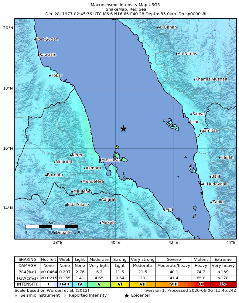 USGS ShakeMap: estimated shaking intensity around the epicenter