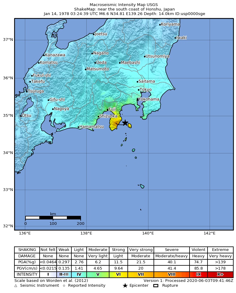 USGS ShakeMap: estimated shaking intensity around the epicenter