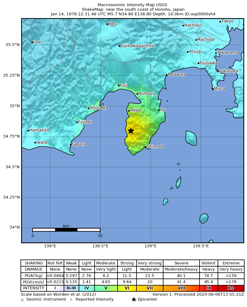USGS ShakeMap: estimated shaking intensity around the epicenter