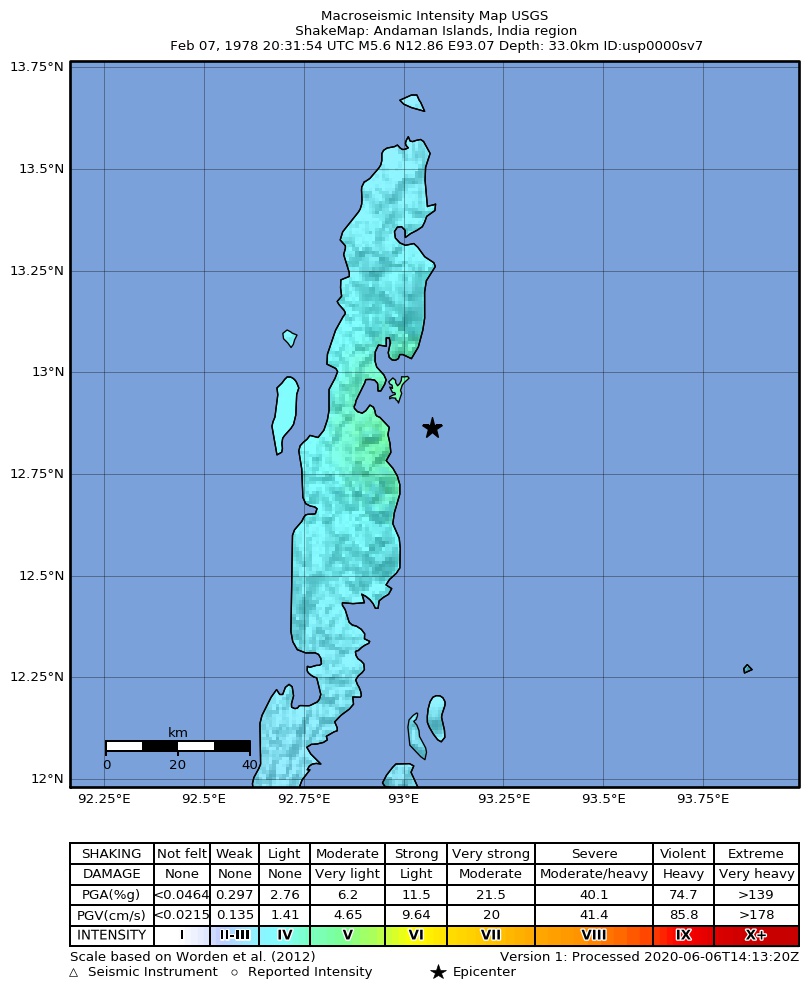 USGS ShakeMap: estimated shaking intensity around the epicenter