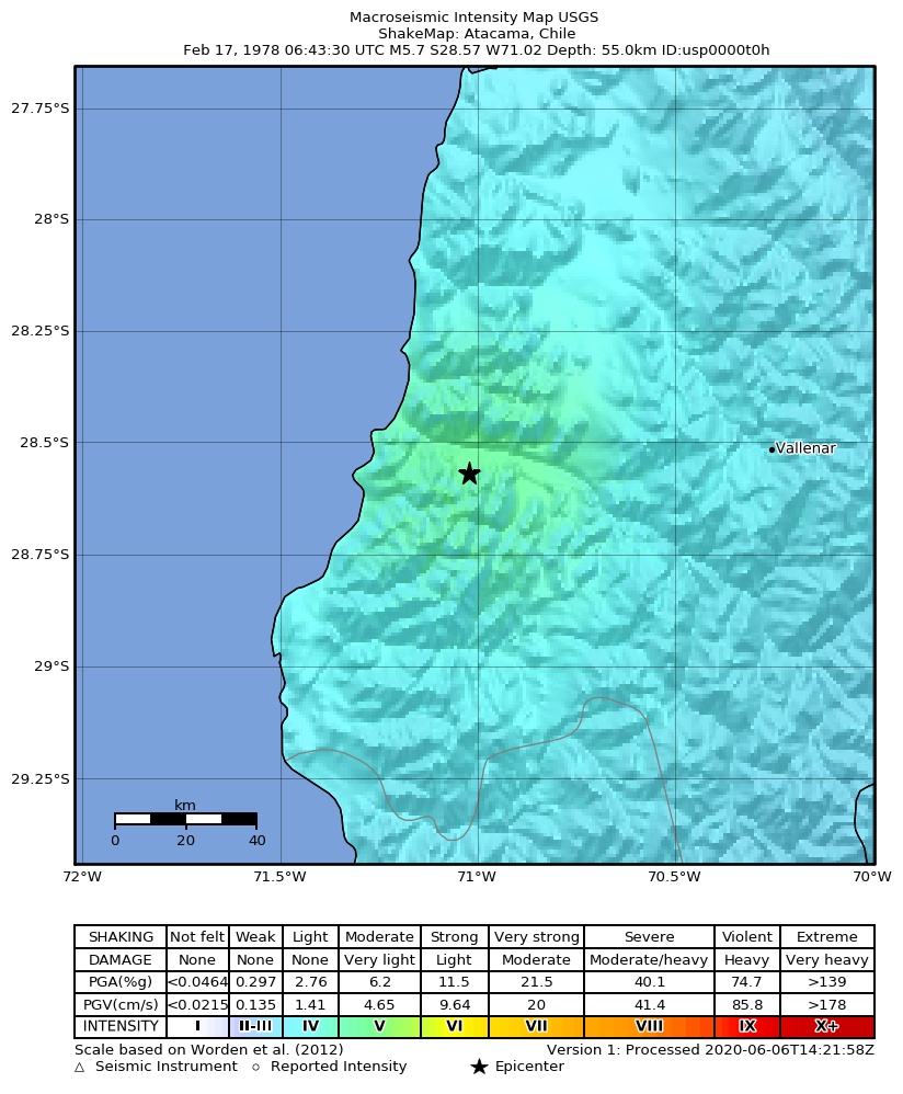 USGS ShakeMap: estimated shaking intensity around the epicenter