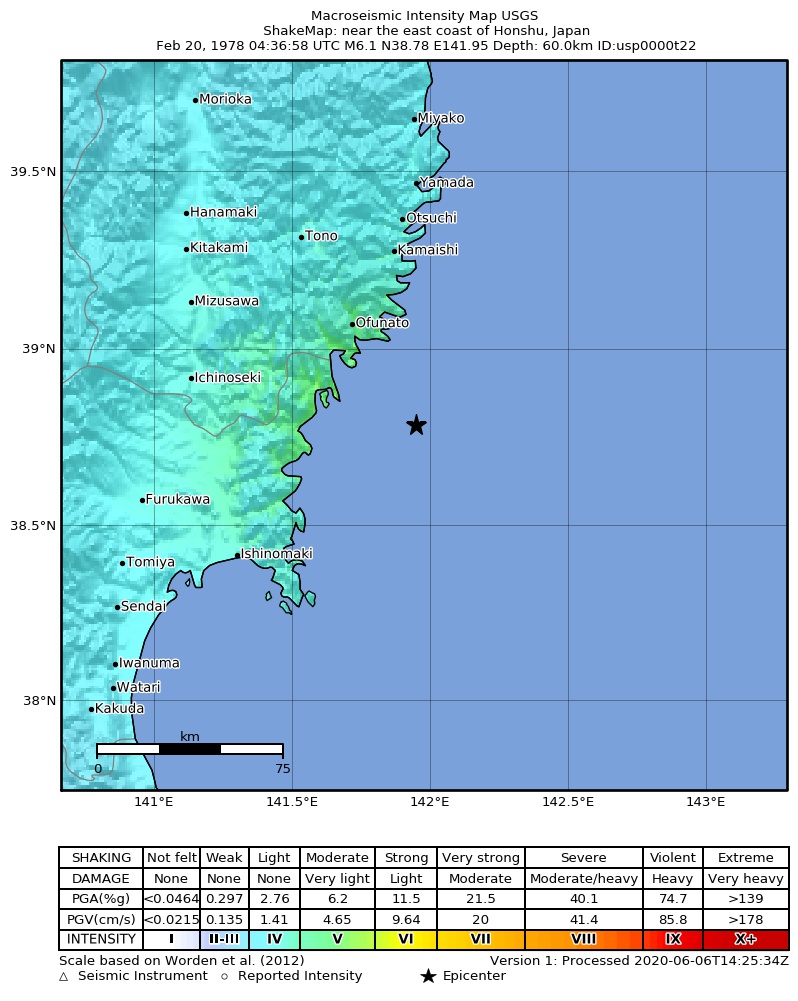 USGS ShakeMap: estimated shaking intensity around the epicenter