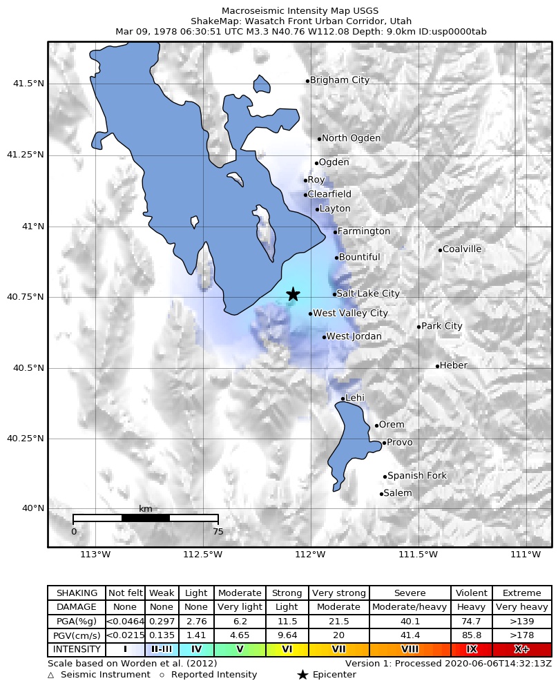 USGS ShakeMap: estimated shaking intensity around the epicenter