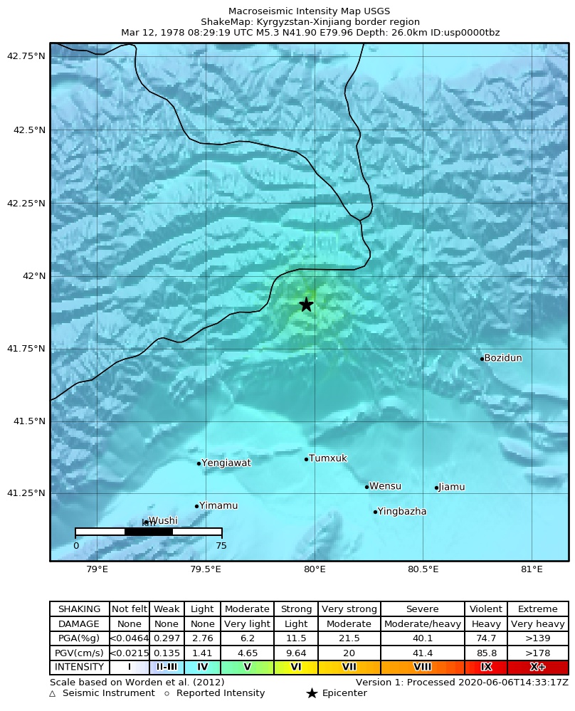 USGS ShakeMap: estimated shaking intensity around the epicenter