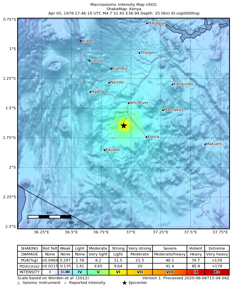 USGS ShakeMap: estimated shaking intensity around the epicenter